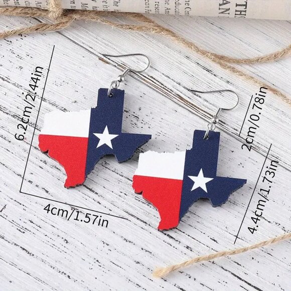 Earrings Texas Wood State Flag Dangle Trendy Red White Blue Lone Star Cowboy NEW - Picture 3 of 3